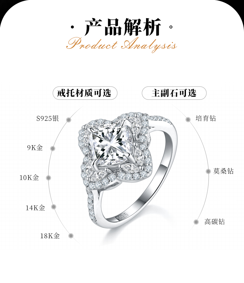 枕形豪华女戒S925银镀白金定制选款主石莫桑钻2.0ct/副石高碳钻 - 2