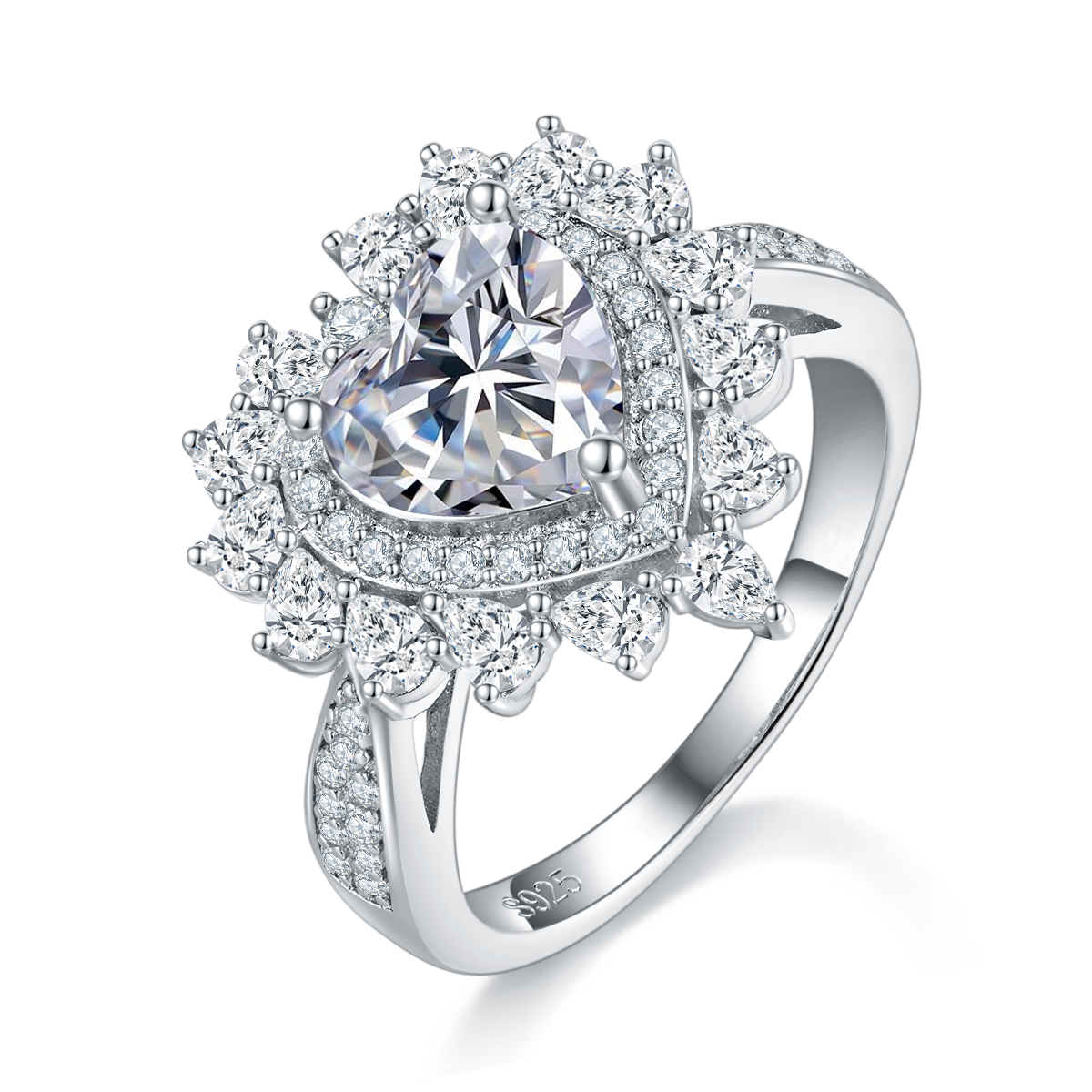 心形豪华女戒S925银镀白金定制选款主石莫桑钻2.0ct/副石高碳钻