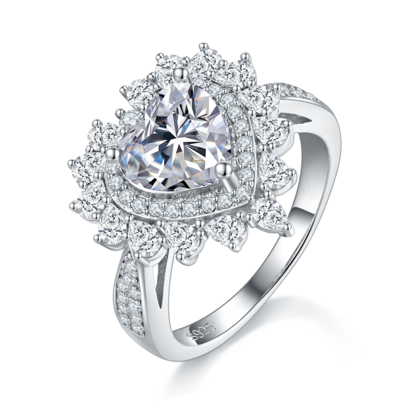 心形豪华女戒S925银镀白金定制选款主石莫桑钻2.0ct/副石高碳钻