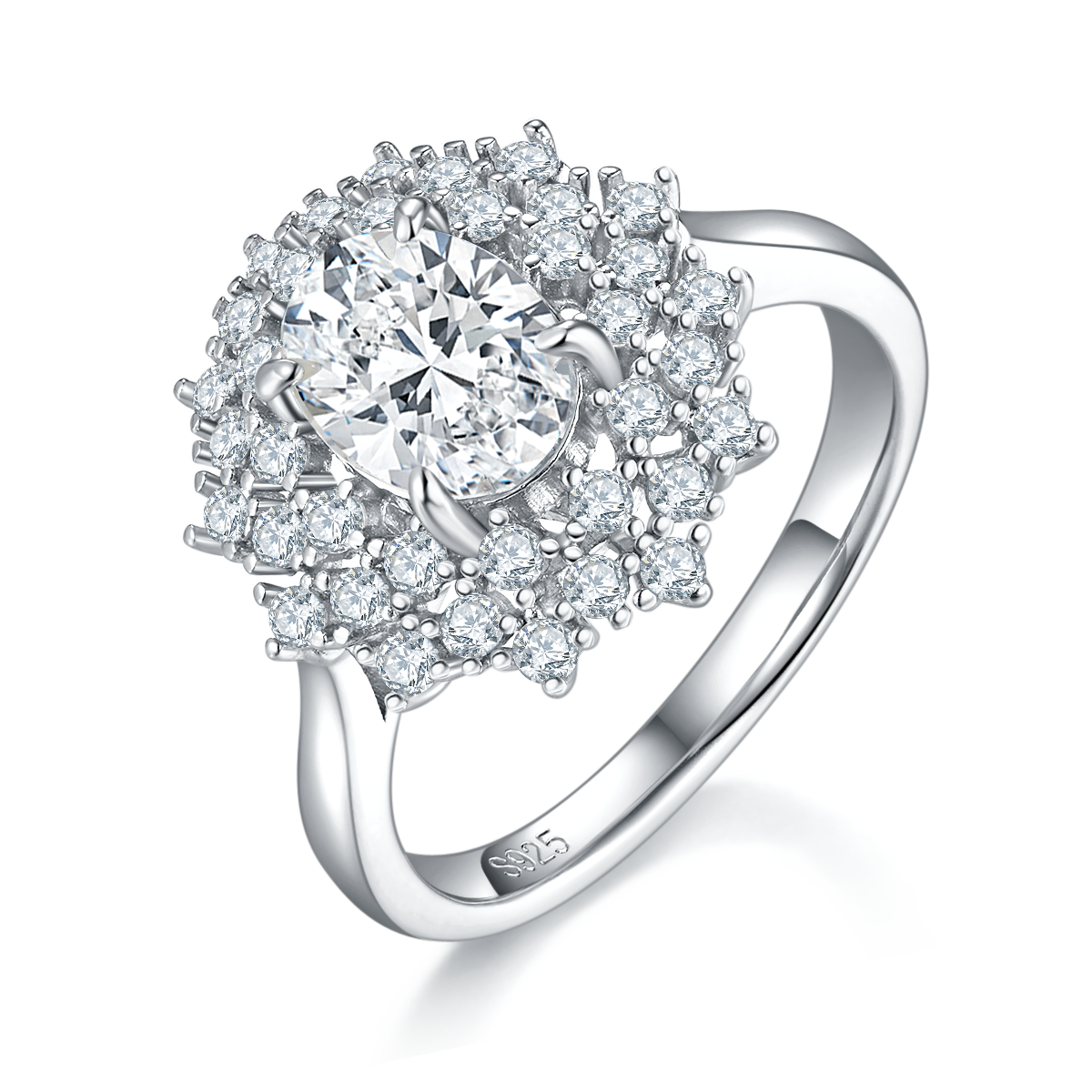 轻奢蛋形女戒S925银镀白金定制选款主石莫桑钻1.5ct/副石高碳钻