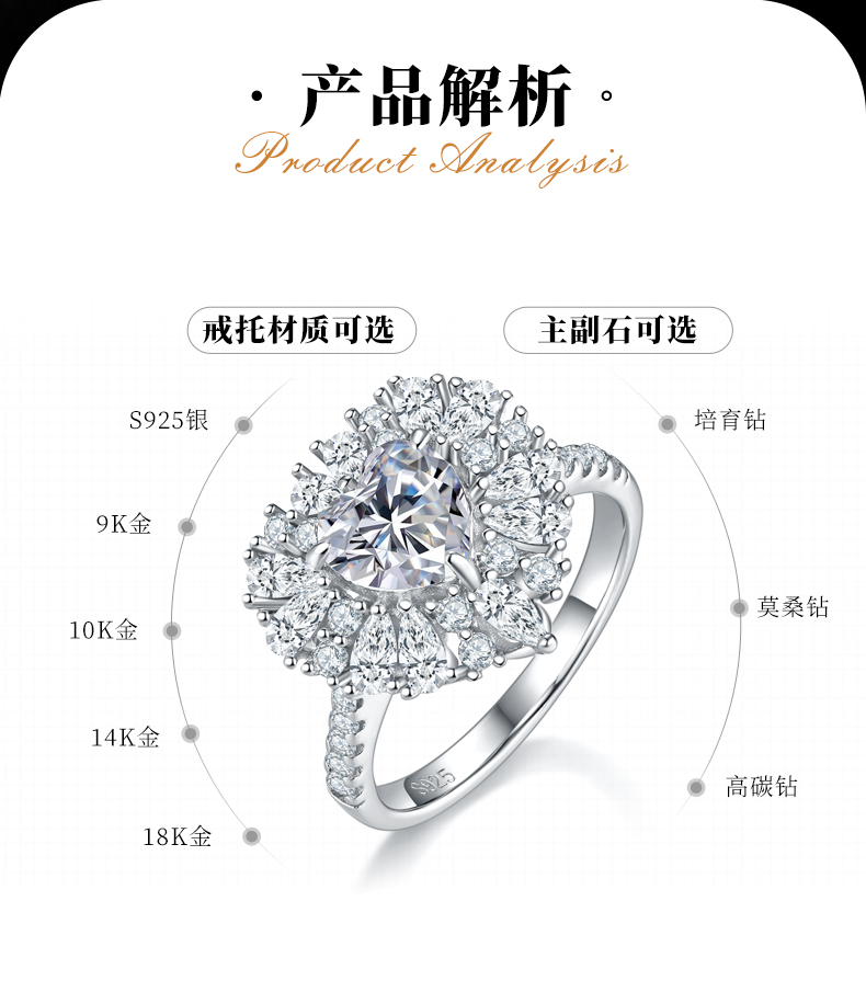 心形女戒S925银镀白金定制选款主石莫桑钻1.2ct/副石高碳钻 - 2