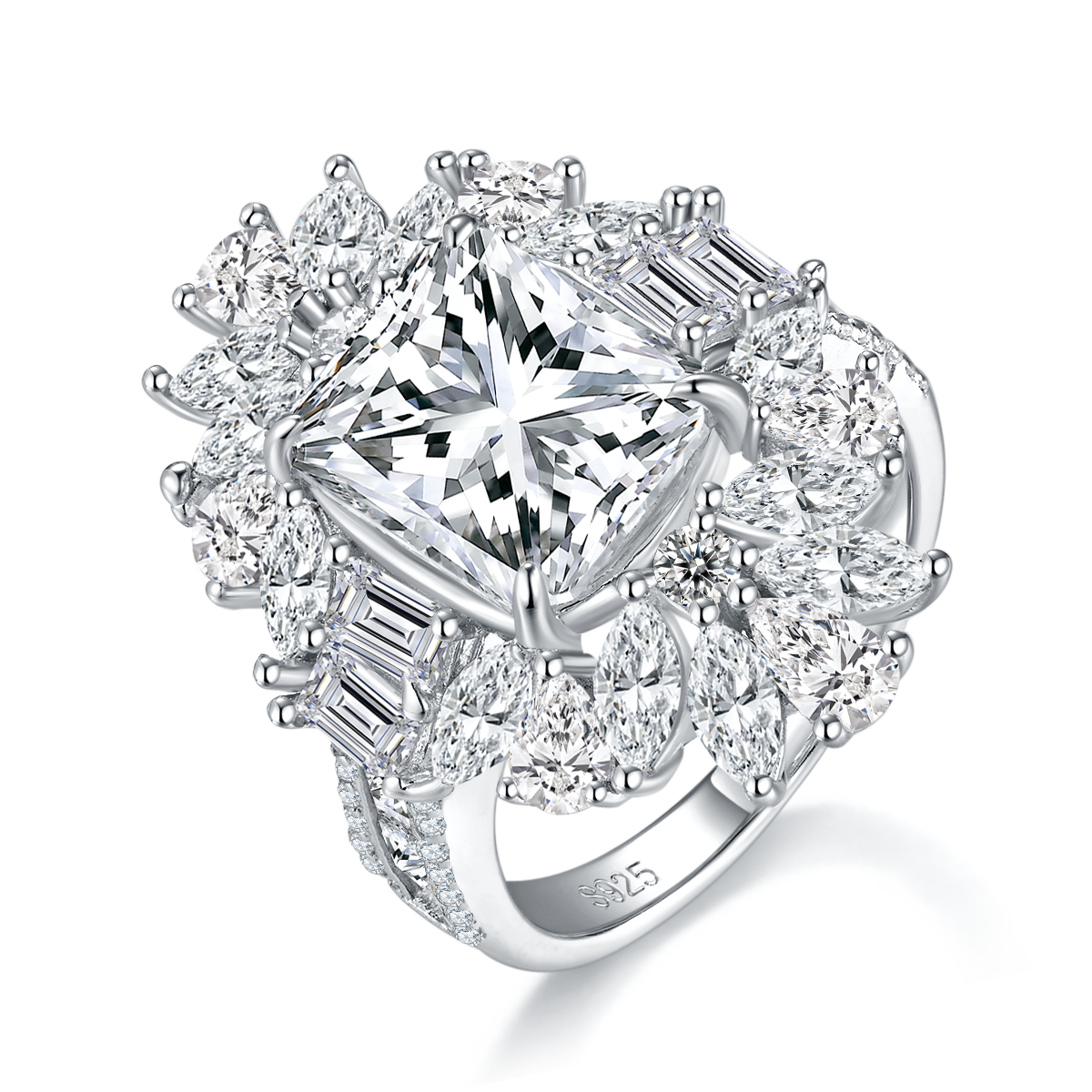 Emerald Cut Women's Ring S925 Silver Plated Platinum Customized Selection Main Stone Moissanite Diamond 5.0ct/Secondary Stone High Carbon Diamond