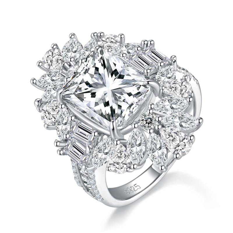 祖母绿切Women's RingS925银镀白金定制选款主石Moissanite5.0ct/副石高碳钻