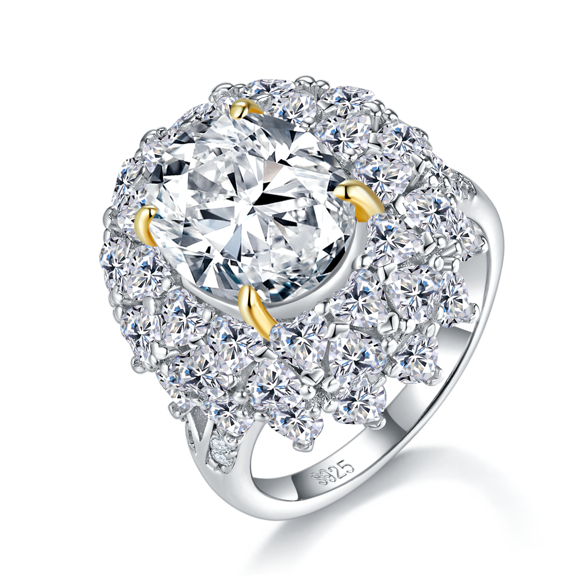 蛋形女戒S925银镀白金+K黄定制选款主石莫桑钻6.0ct/副石高碳钻