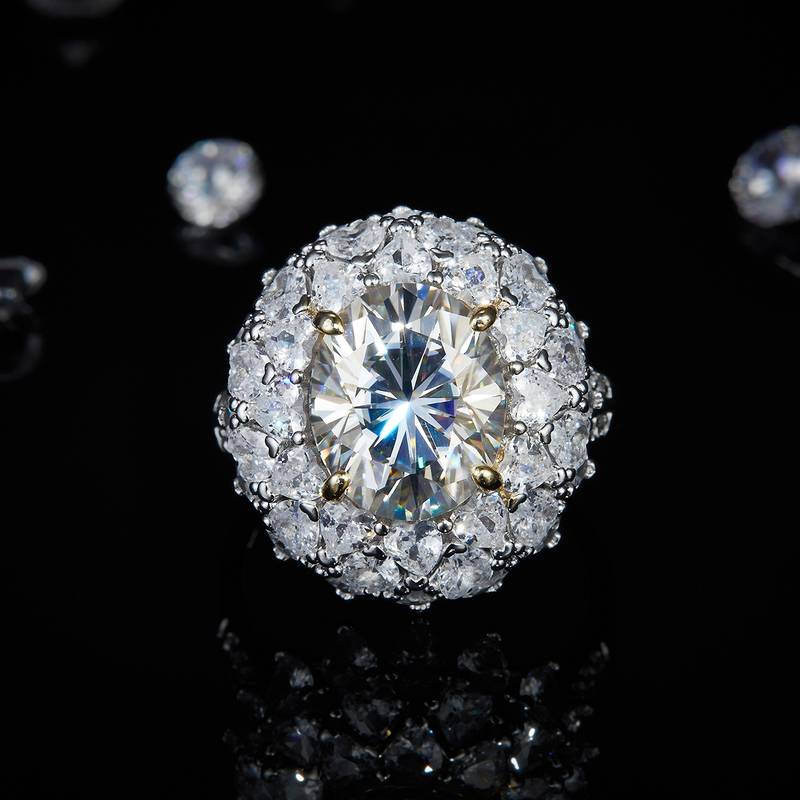 蛋形Women's RingS925银镀白金+K黄定制选款主石Moissanite6.0ct/副石高碳钻