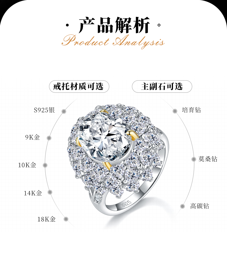 蛋形女戒S925银镀白金+K黄定制选款主石莫桑钻6.0ct/副石高碳钻 - 2