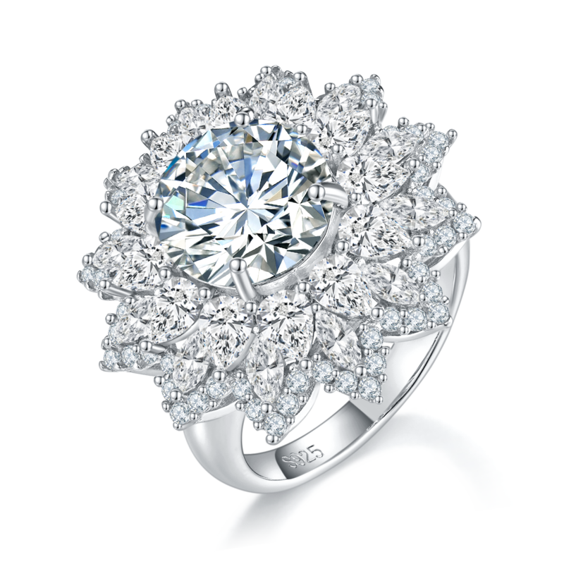 太阳花Women's RingS925银镀白金定制选款主石Moissanite4.0ct/副石高碳钻