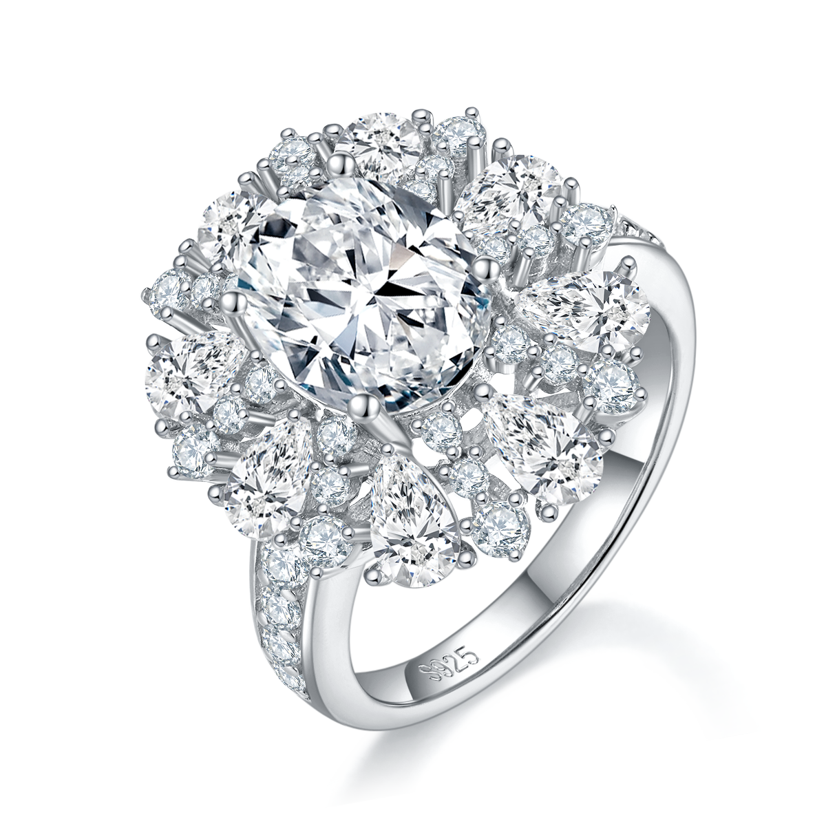 蛋形女戒S925银镀白金定制选款主石莫桑钻3.0ct/副石高碳钻
