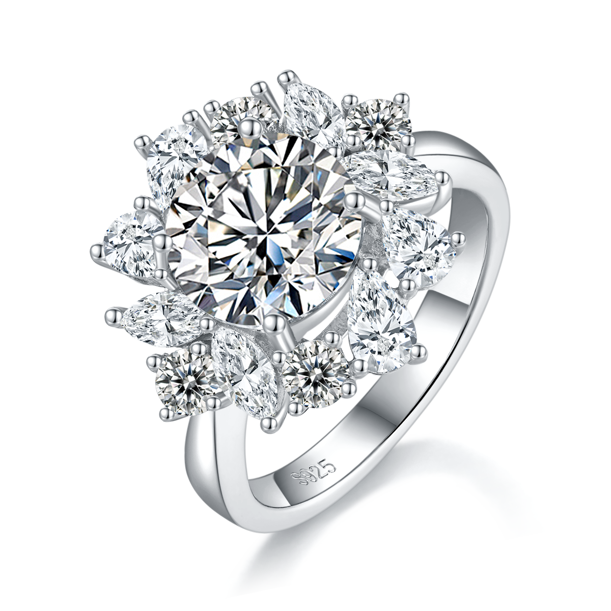 Luxury Sunflower Women's Ring S925 Silver Plated Platinum Customized Selection Main Stone Moissanite Diamond 3.0ct/Secondary Stone High Carbon Diamond
