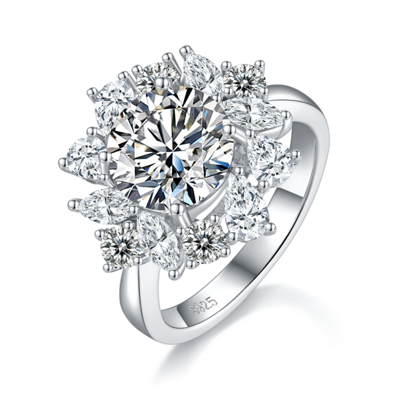 豪华太阳花Women's RingS925银镀白金定制选款主石Moissanite3.0ct/副石高碳钻