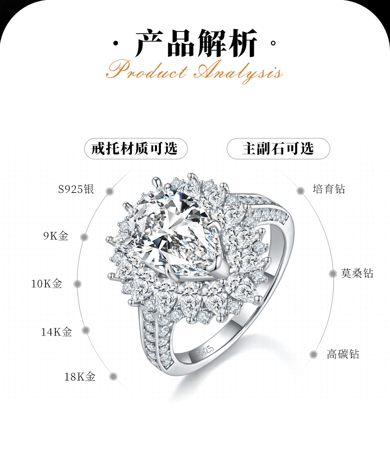 水滴女戒S925银镀白金定制选款主石莫桑钻4.0ct/副石高碳钻 - 2