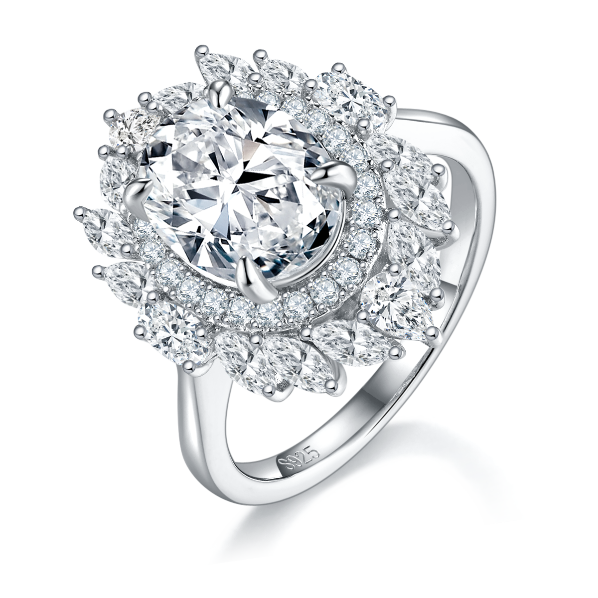 蛋形女戒S925银镀白金定制选款主石莫桑钻3.0ct/副石高碳钻
