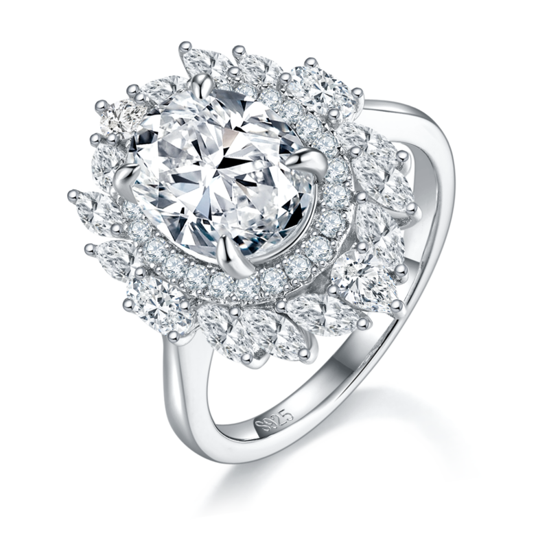 蛋形女戒S925银镀白金定制选款主石莫桑钻3.0ct/副石高碳钻