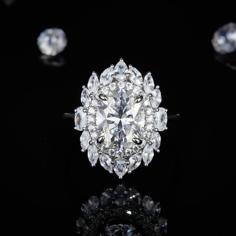 蛋形女戒S925银镀白金定制选款主石莫桑钻3.0ct/副石高碳钻