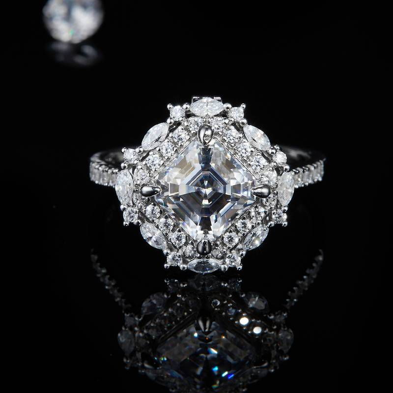 阿斯切Women's RingS925银镀白金定制选款主石Moissanite2.0ct/副石高碳钻