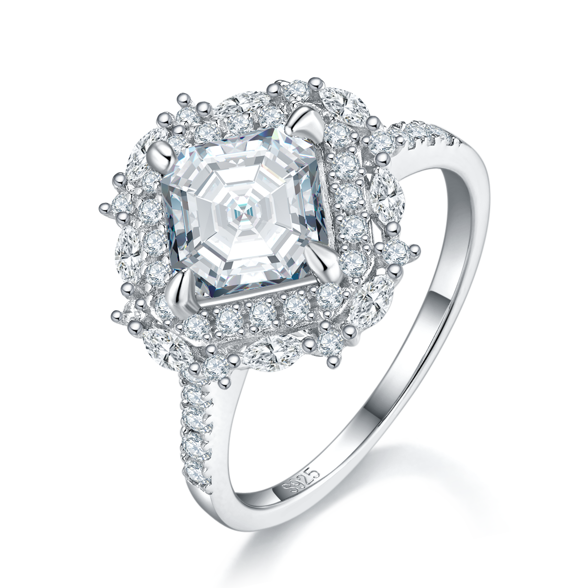 Asche Women's Ring S925 Silver Plated Platinum Customized Selection Main Stone Moissanite Diamond 2.0ct/Secondary Stone High Carbon Diamond