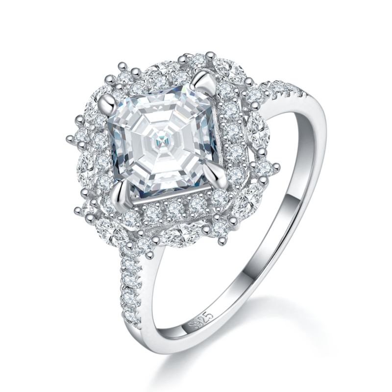 阿斯切Women's RingS925银镀白金定制选款主石Moissanite2.0ct/副石高碳钻