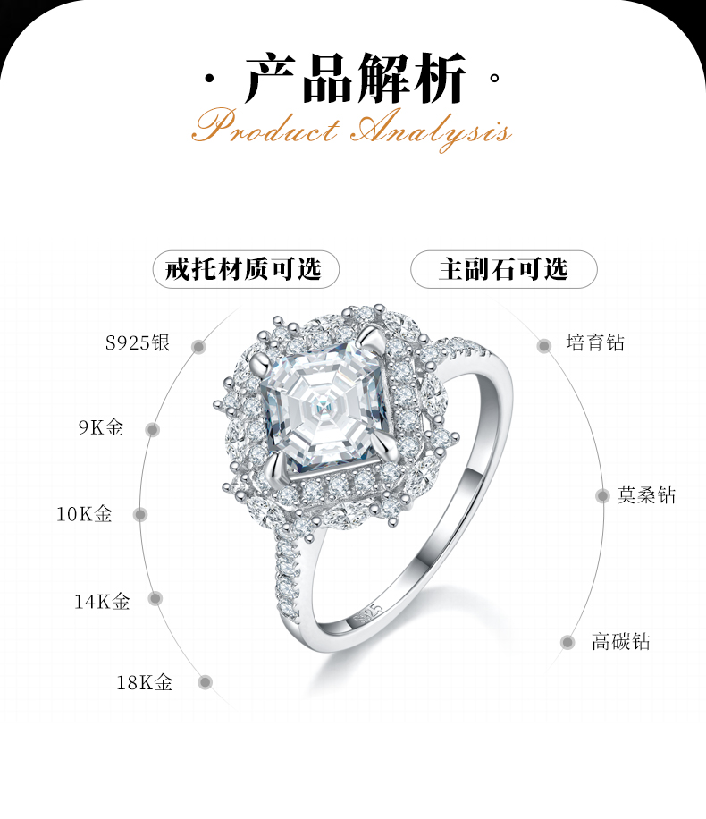 阿斯切女戒S925银镀白金定制选款主石莫桑钻2.0ct/副石高碳钻 - 2
