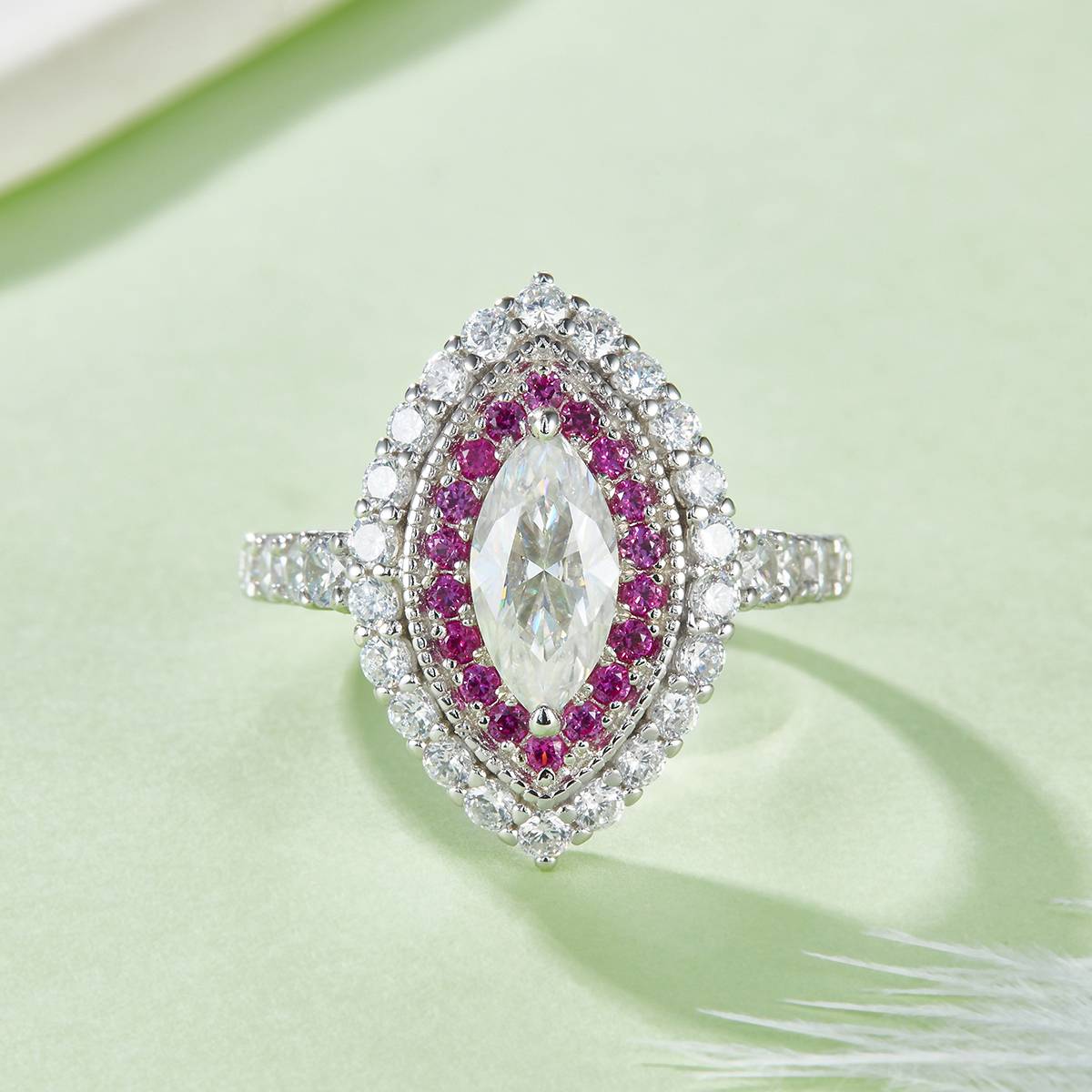 R221121007款S925银镀18K白金马眼莫桑钻女戒5*10mm/1.0CT