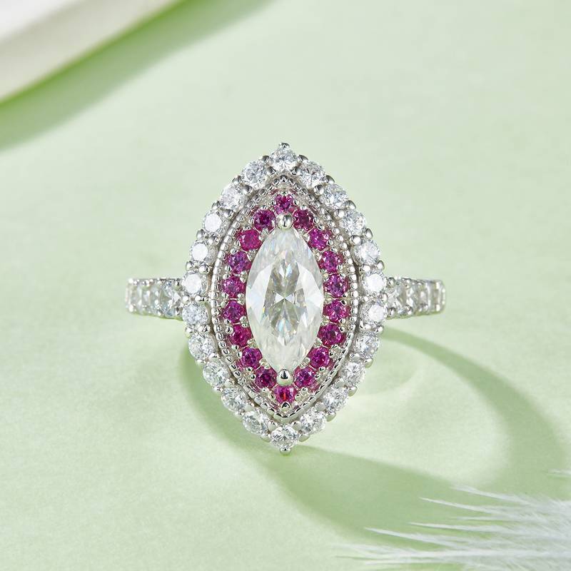 R221121007款S925银镀18K白金马眼莫桑钻女戒5*10mm/1.0CT