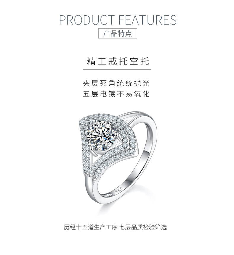 R221202015款S925银镀18K白金圆形莫桑钻女戒6.5mm/1.0CT - 5