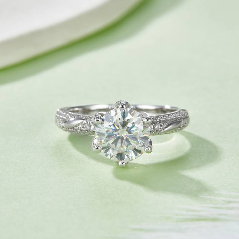 R230228011款S925银镀18K白金圆形MoissaniteWomen's Ring8.0mm/2.0ct