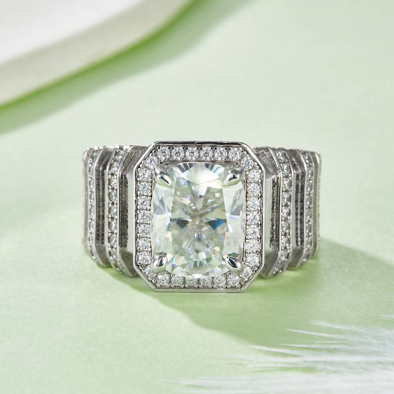 R230511009款S925银镀18K白金祖母绿形MoissaniteMen's Ring9*11mmmm/5.0ct