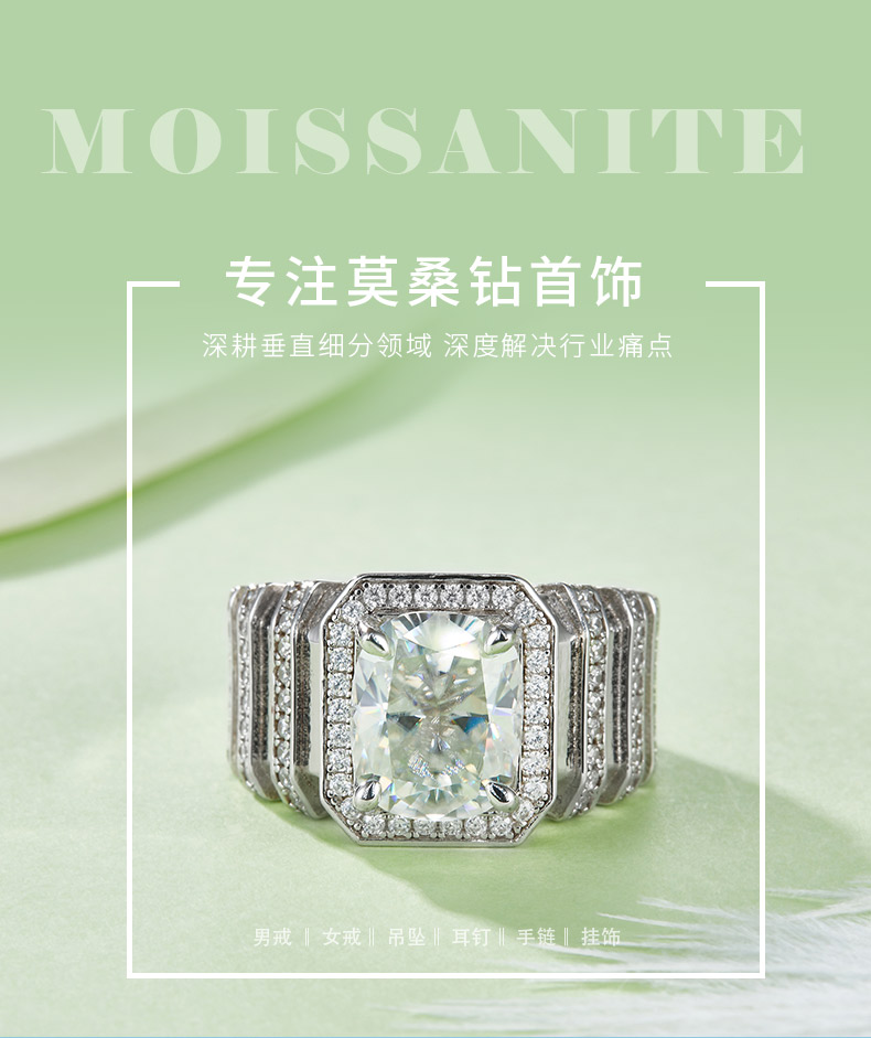 R230511009款S925银镀18K白金祖母绿形莫桑钻男戒9*11mm/5.0CT - 1