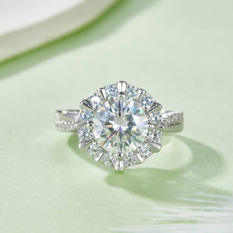 R230727018款S925银镀18K白金圆形MoissaniteWomen's Ring8.0mm/2.0ct