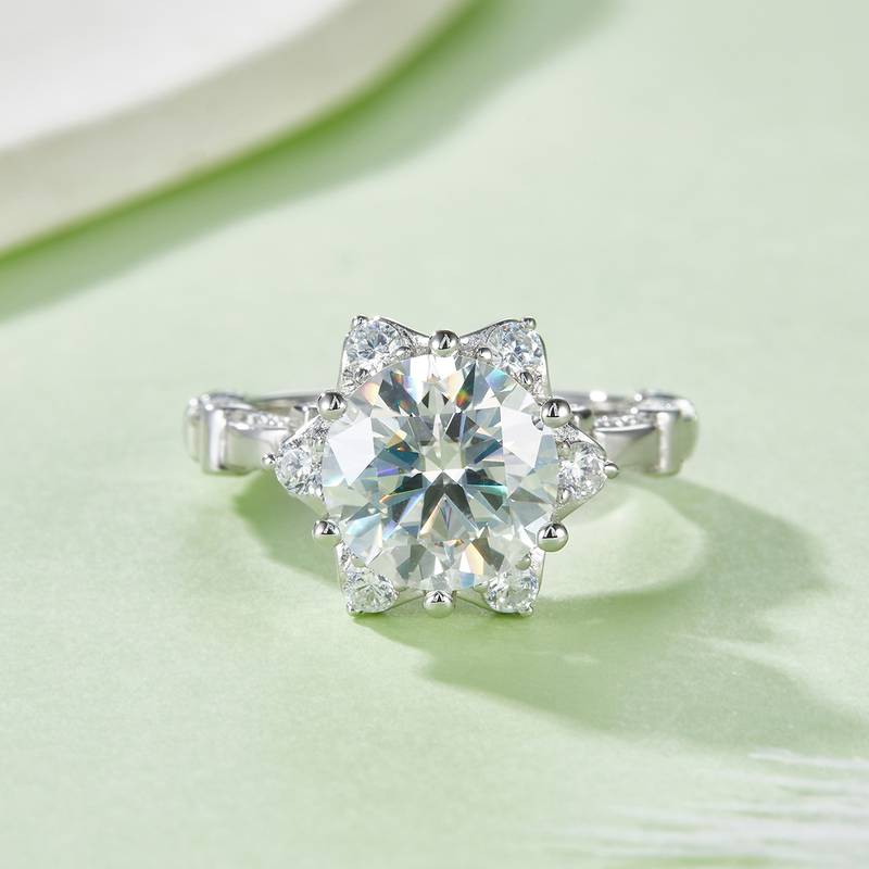 R240302025款S925银镀18K白金圆形莫桑钻女戒9.0mm/3.0CT