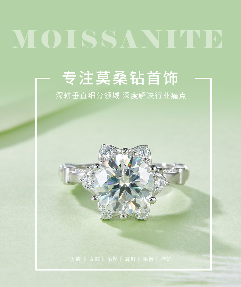 R240302025款S925银镀18K白金圆形莫桑钻女戒9.0mm/3.0CT - 1