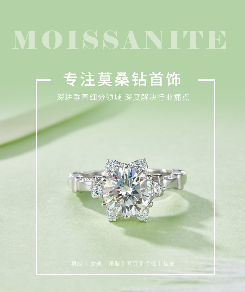 R240302024款S925银镀18K白金圆形莫桑钻女戒8.0mm/2.0CT - 1