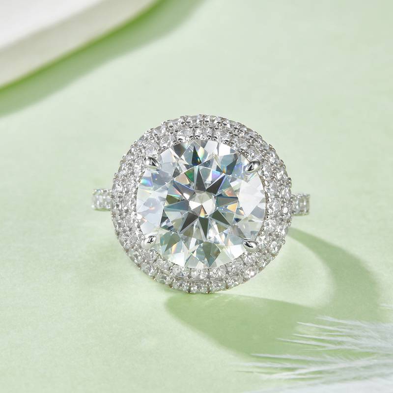 R240302026款S925银镀18K白金圆形MoissaniteWomen's Ring主石13.0mm/8.0ct