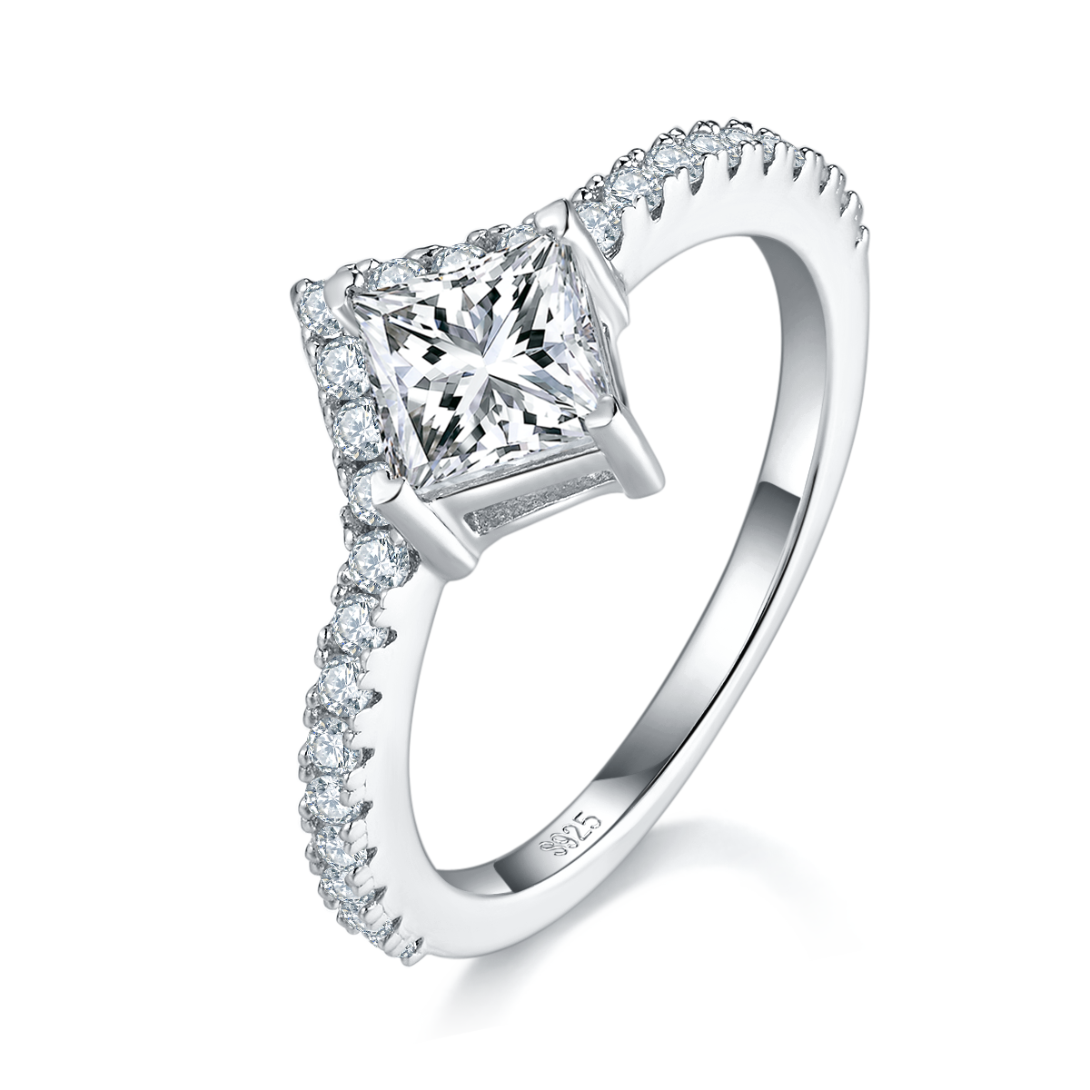 R240305003款S925银镀18K白金公主方套戒莫桑钻女戒5.5mm/1.0CT