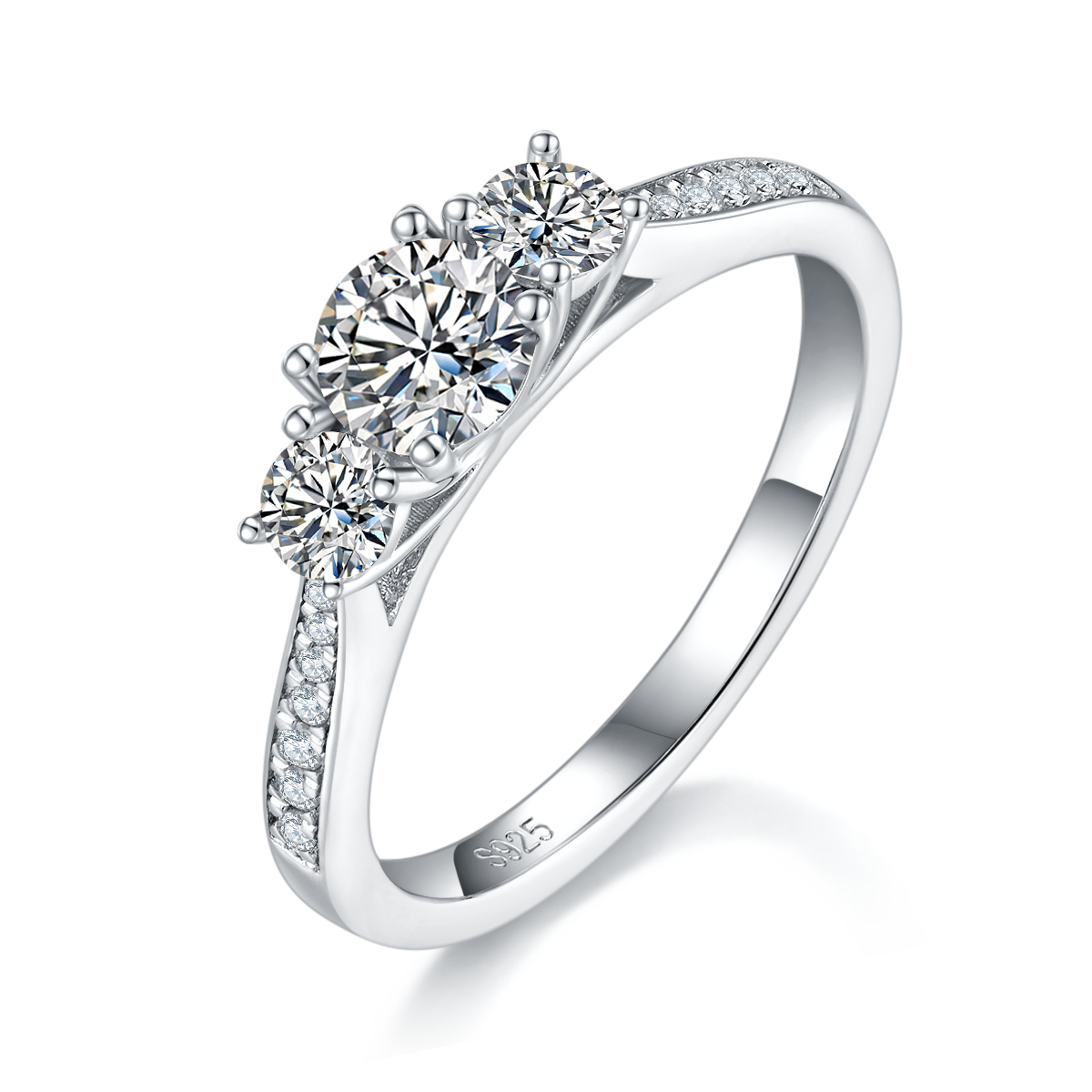 微镶四爪女戒S925银镀白金定制主石莫桑钻0.5ct/副石高碳钻