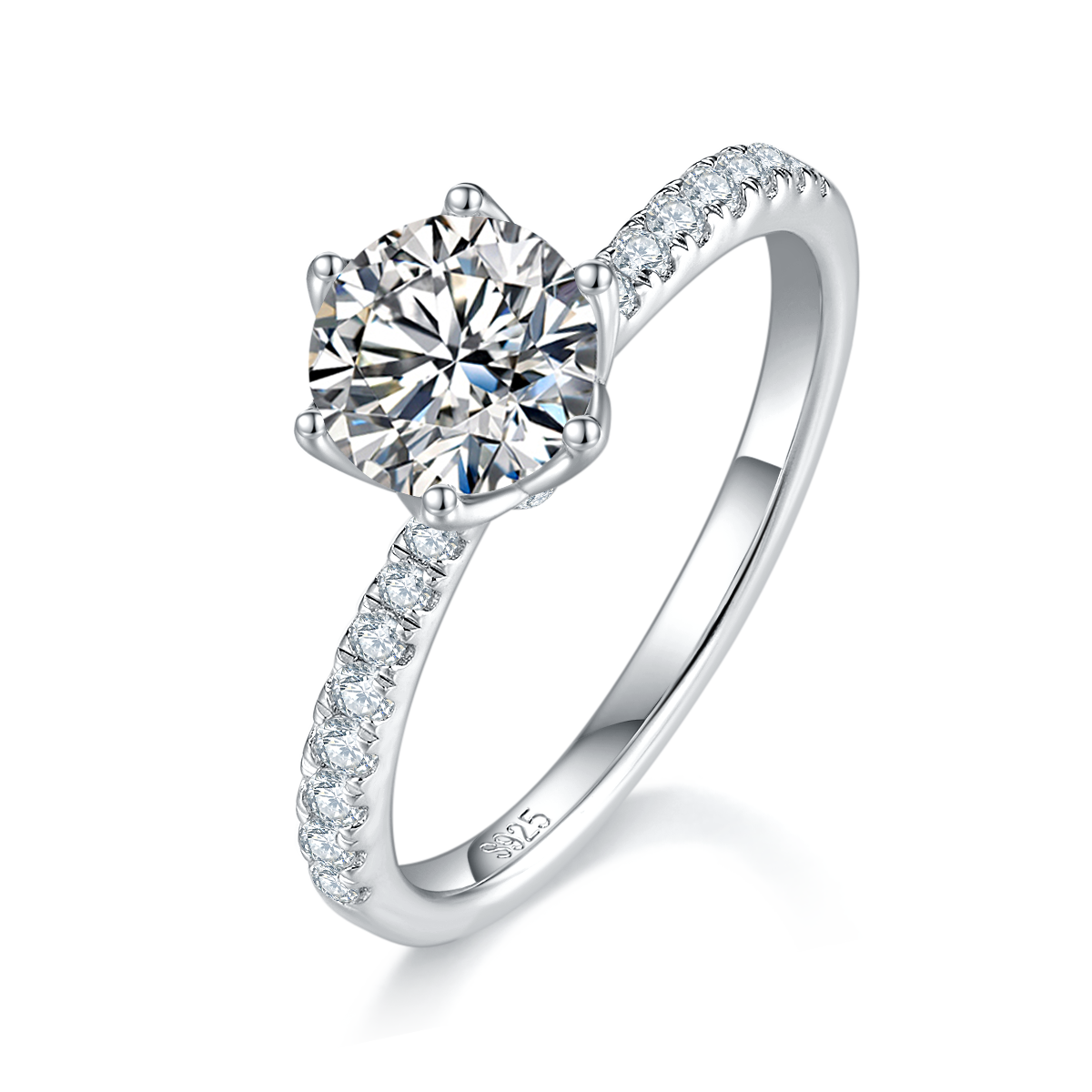 微镶花苞六爪女戒S925银镀白金定制选款主石莫桑钻1.0ct/副石高碳钻