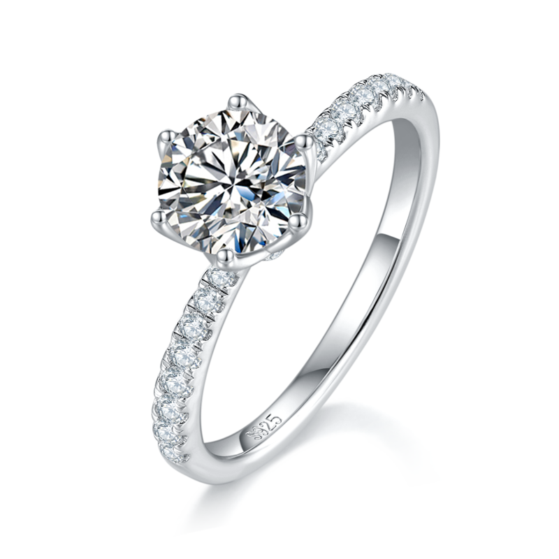 微镶花苞六爪女戒S925银镀白金定制选款主石莫桑钻1.0ct/副石高碳钻