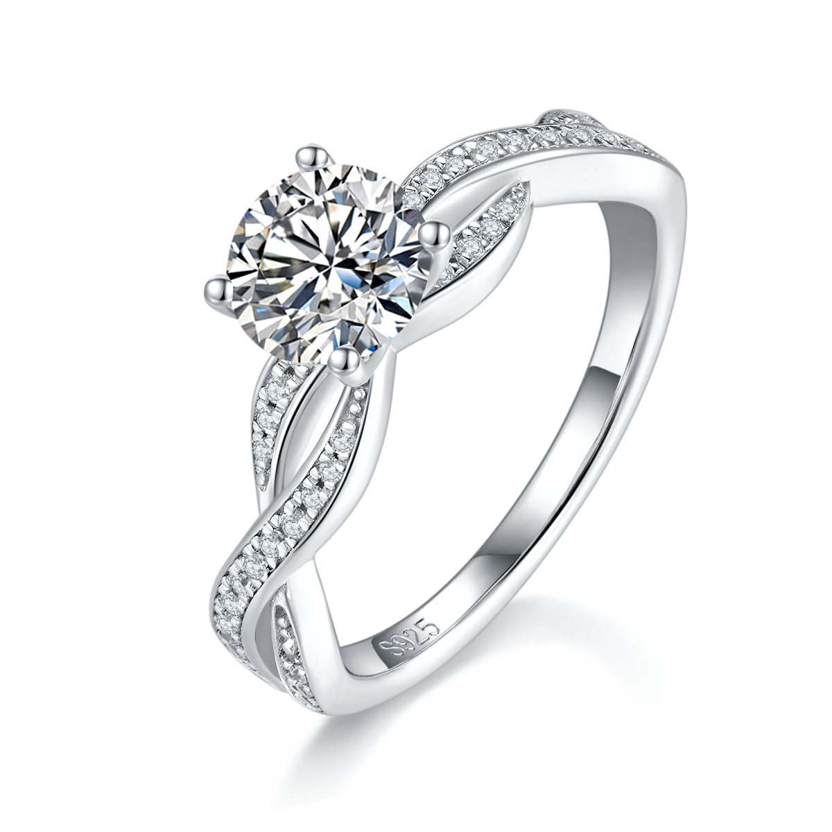 微镶扭臂四爪女戒S925银镀白金定制选款主石莫桑钻1.0ct/副石高碳钻