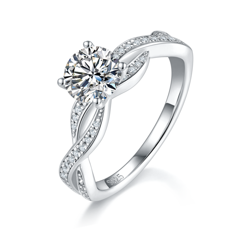 微镶扭臂四爪女戒S925银镀白金定制选款主石莫桑钻1.0ct/副石高碳钻