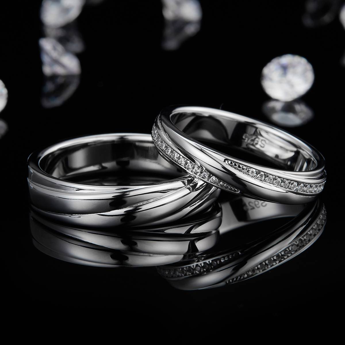 S925 Silver Plated Platinum Couple's Ring Customized Selection, Accessory Stone Moissanite Diamond 0.2ct