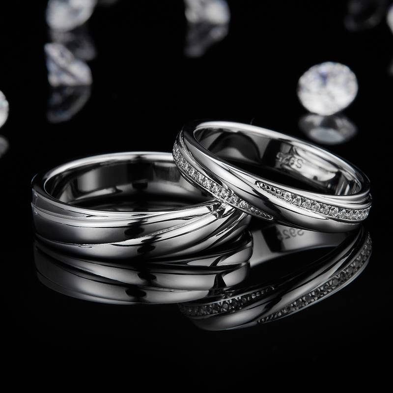 S925 Silver Plated Platinum Couple's Ring Customized Selection, Accessory Stone Moissanite Diamond 0.2ct