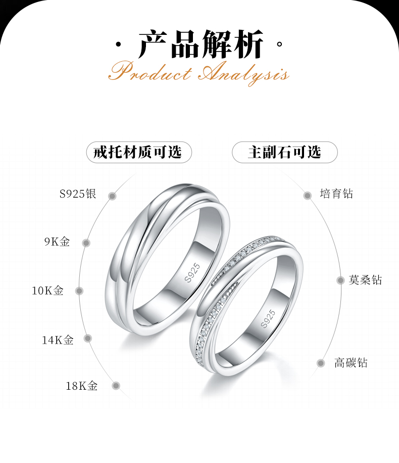 S925银镀白金情侣对戒定制选款副石莫桑钻0.2ct - 2