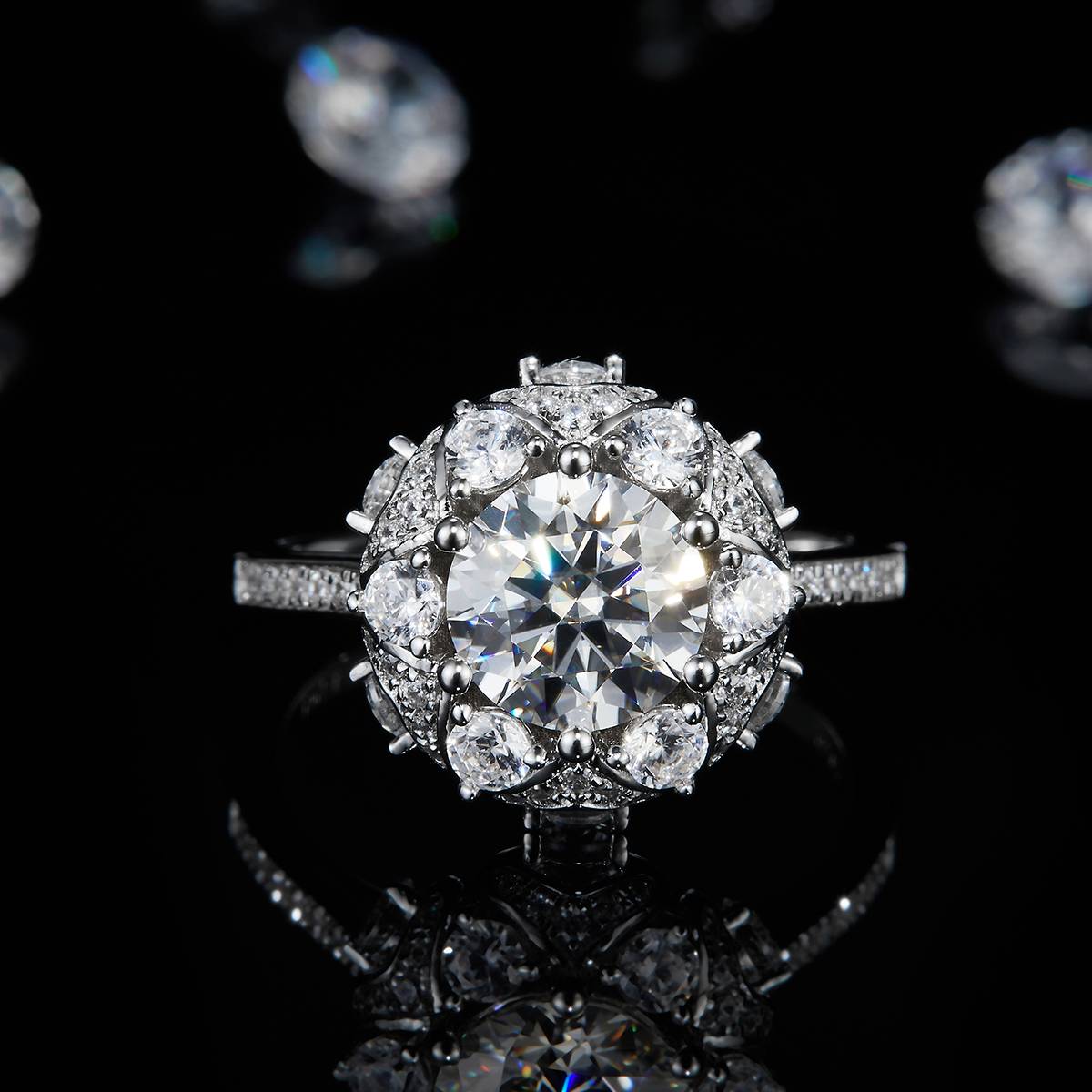 Luxury Snowflake Women's Ring S925 Silver Plated Platinum Customized Selection Main Stone Moissanite Diamond 1.5ct/Secondary Stone High Carbon Diamond