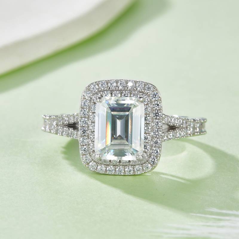 R240325004款S925银镀18K白金祖母绿形MoissaniteWomen's Ring9*7mmmm/3.0ct