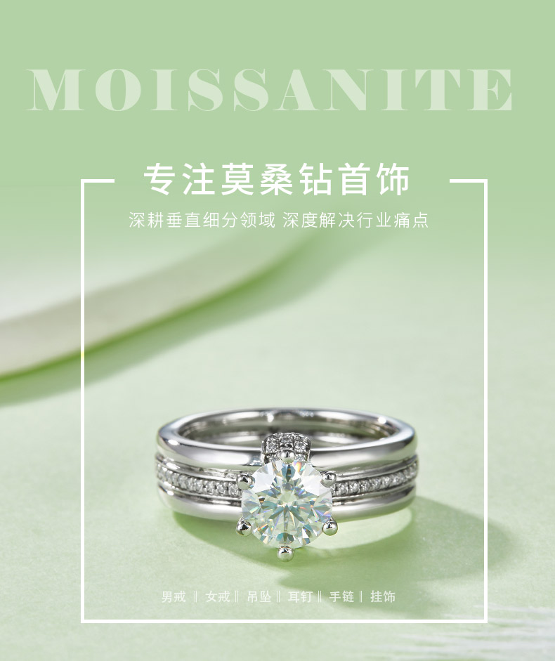R750026款S925银镀18K白金圆形莫桑钻女戒1.0CT - 1
