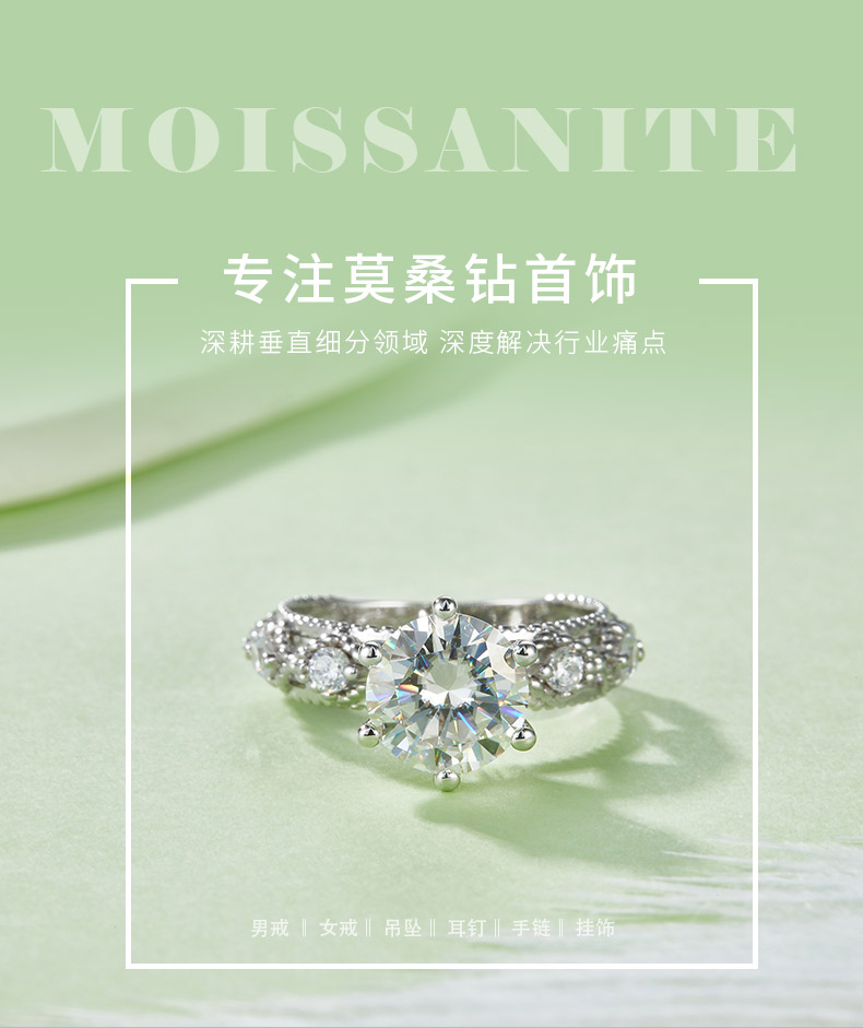 TSR153款S925银镀18K白金圆形莫桑钻女戒8.0mm/2.0CT - 1