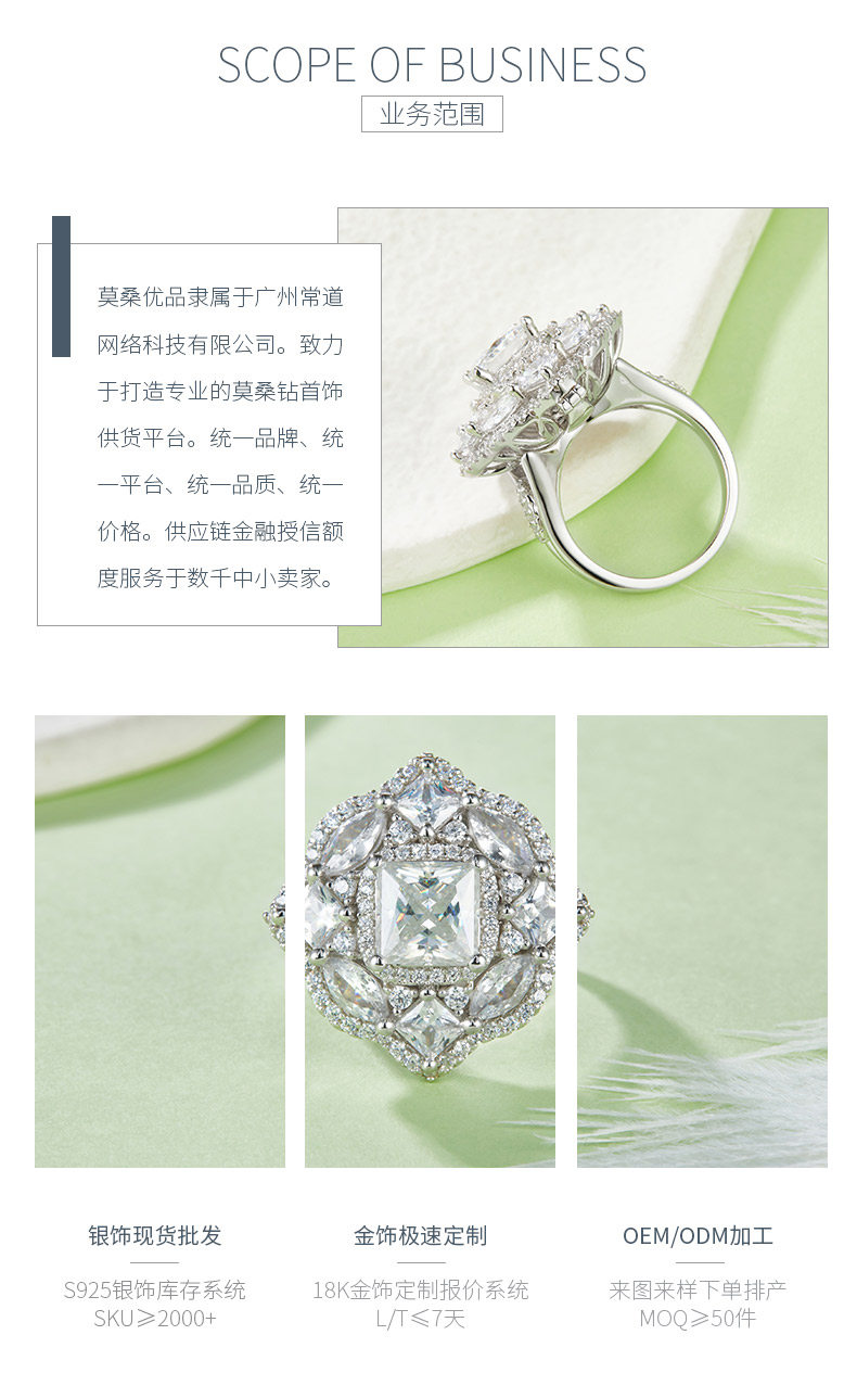 R230320044款S925银镀18K白金公主方莫桑钻2.0CT女戒/吊坠两用款 - 3
