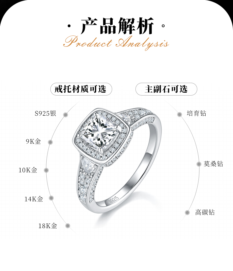 枕形豪华圆包女戒S925银镀白金定制选款主石莫桑钻1.0ct/副石高碳钻 - 2