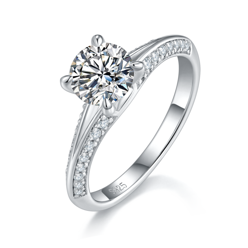 四爪微镶Women's RingS925银镀白金定制选款主石Moissanite1.0ct/副石高碳钻