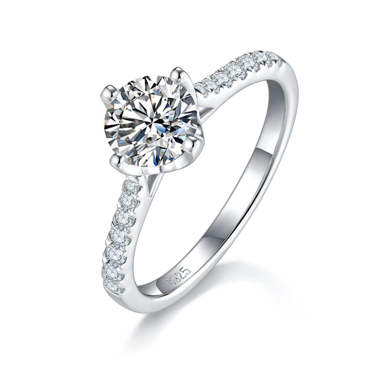 Straight arm micro inlaid four claw women's ring S925 silver plated white gold customized selection main stone Moissanite diamond 1.0ct/secondary stone high carbon diamond